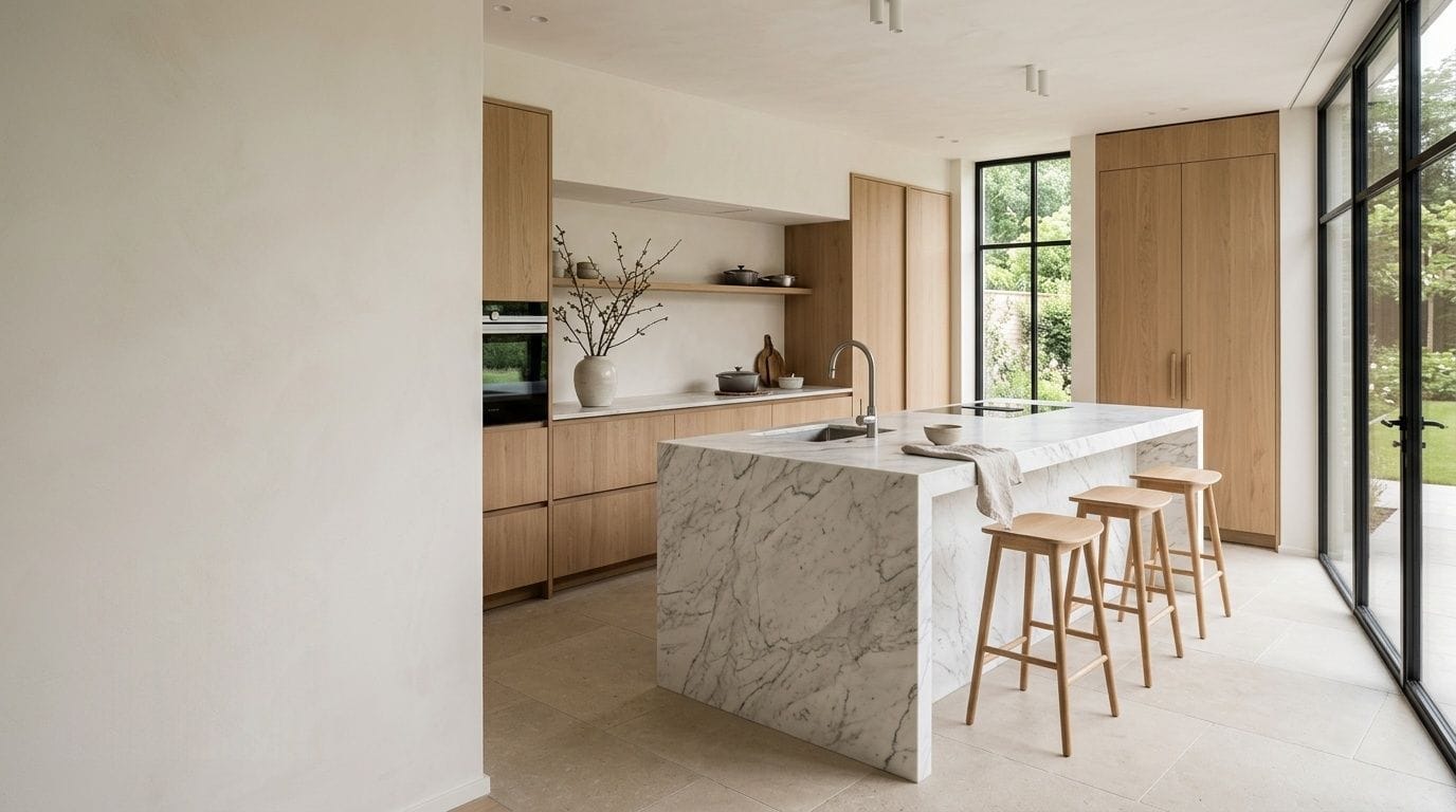 Cozinha contemporânea com ilha central em pedra natural