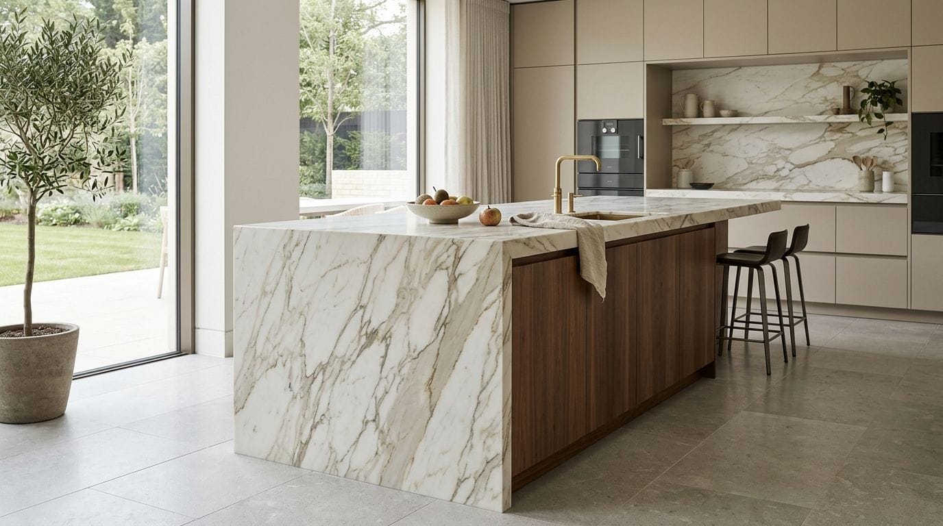 Ilha de cozinha com lateral em cascata e veio contínuo